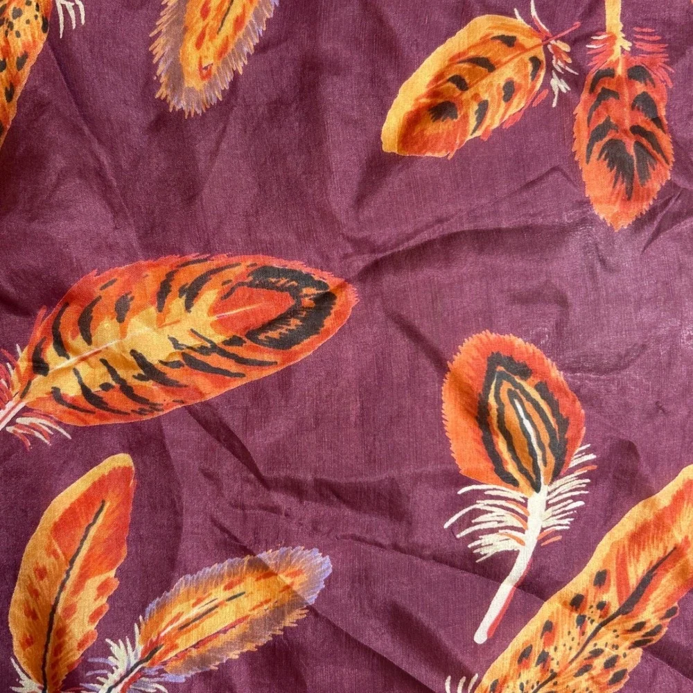 Pure Silk Feather Print Scarf Plum Purple Orange Lightweight 64Long‎ 16